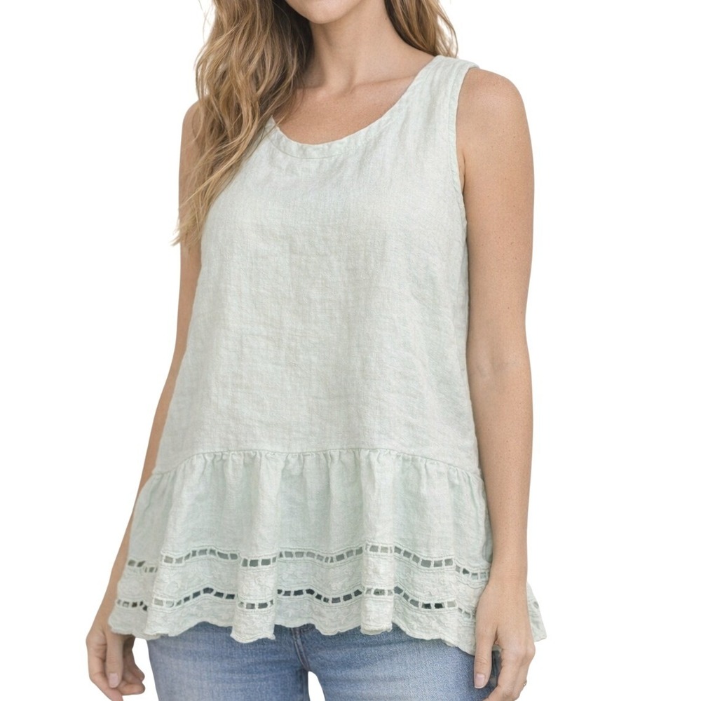 Valentina Naldi Italy Linen Eyelet Peplum Tank Top Seafoam Green Small